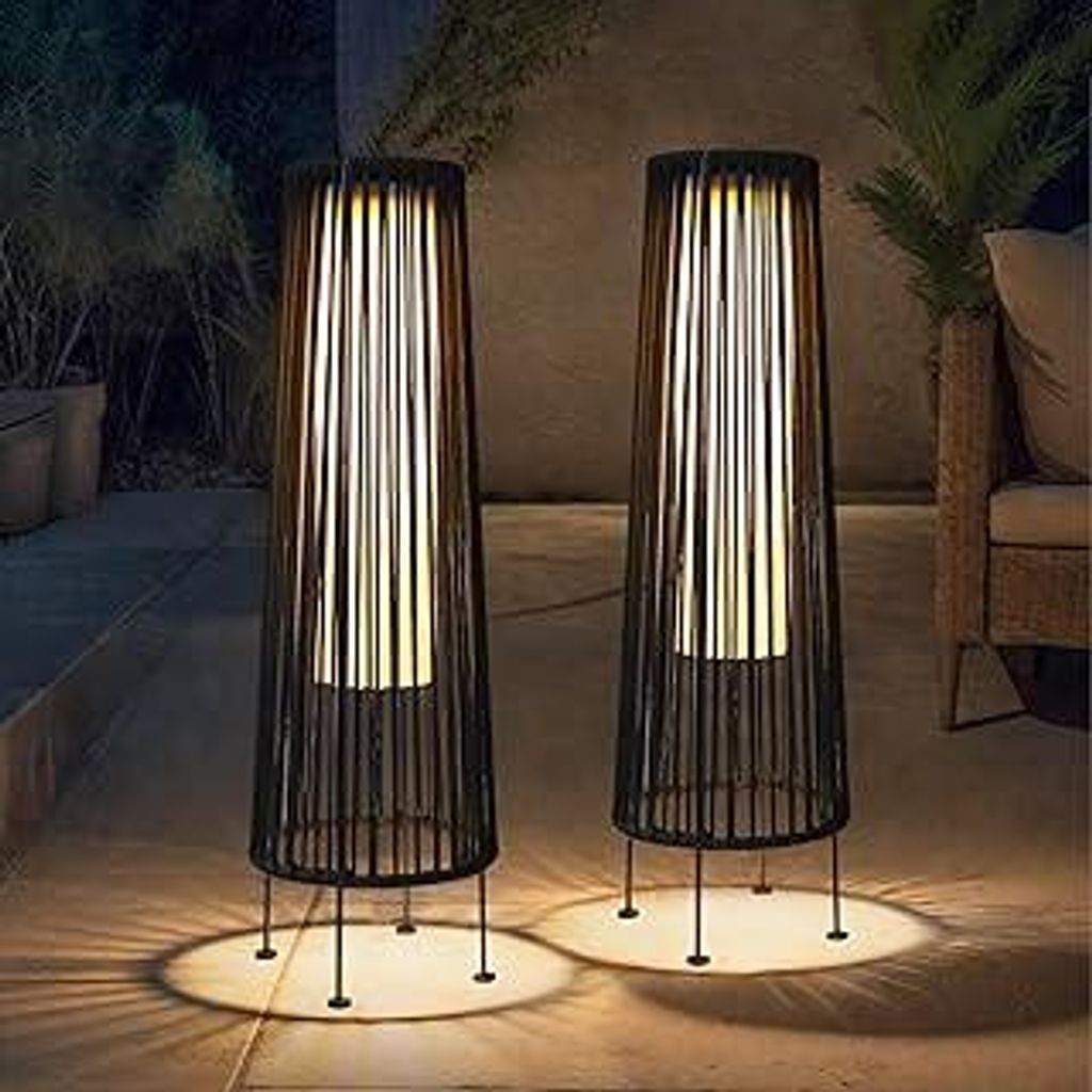 TRIROCKS Außenstehlampe, 2-Teilige Solarbetriebene Laterne, Geflochtene Solar-Terrassenlampe mit Olifen-Seil, Wasserdichtes Rattan-Solar-Decklicht...