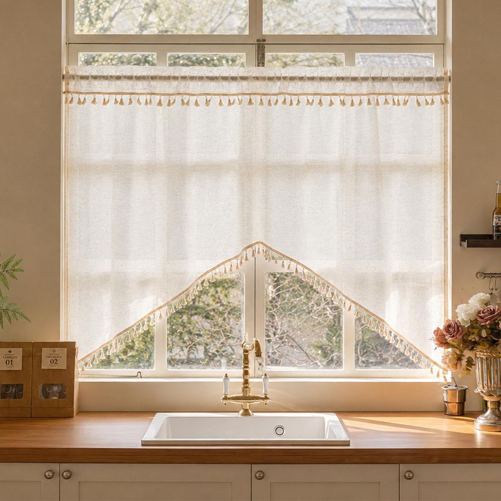 Scheibengardine Vintage Beige Leinenoptik mit Quasten Gardine Lichtdurchlässig Bistrogardine Dekoschal für Küche, Schlafzimmer, B150xH100cm