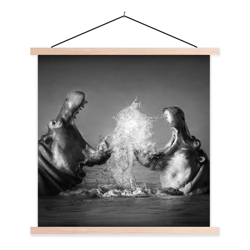 MuchoWow Textilposter Tiere - Nilpferd - Wasser - Schwarz - Weiß 120x120 cm mit holzfarbenen Rahmen - Textil-Poster