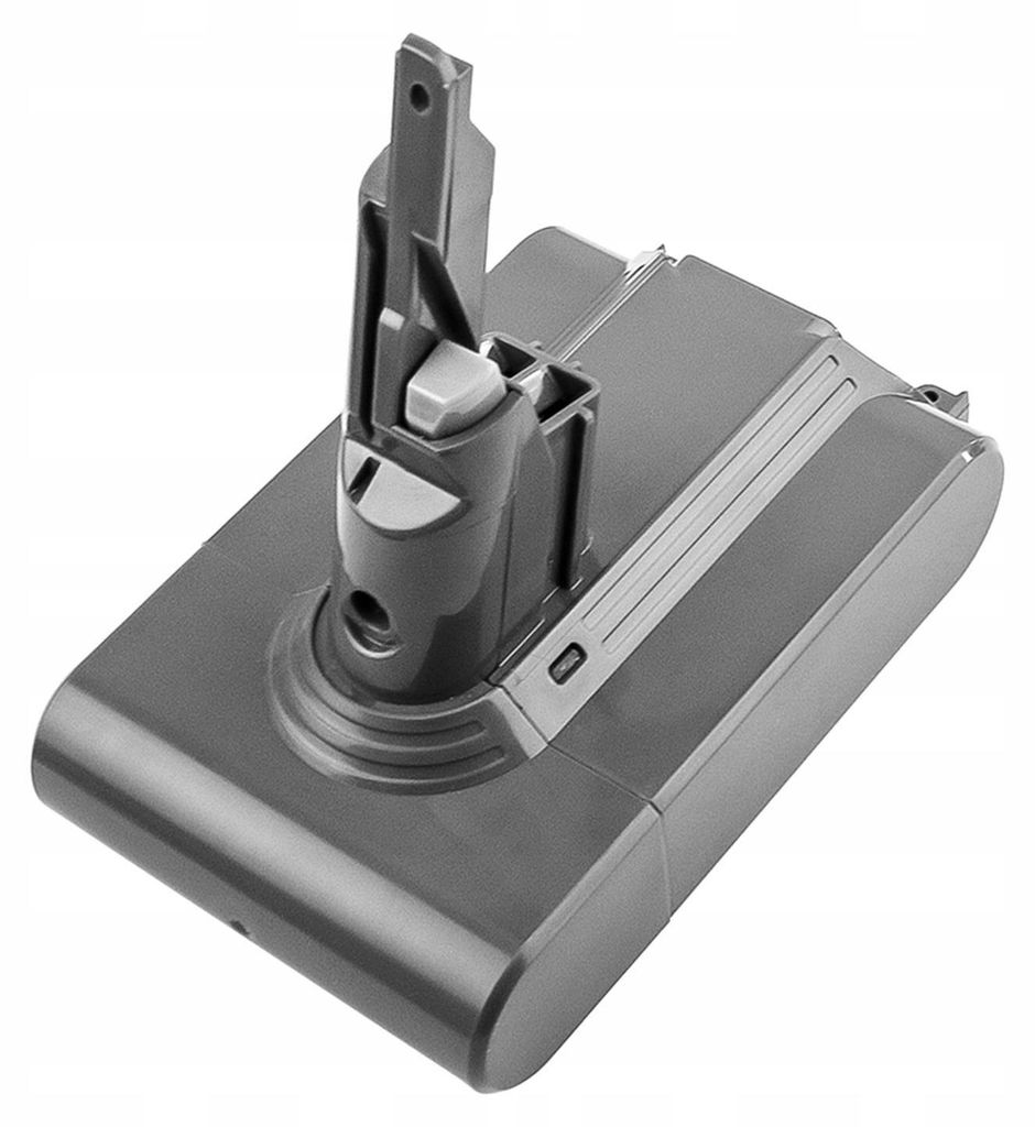 A close-up, studio shot of a gray vacuum cleaner battery pack.