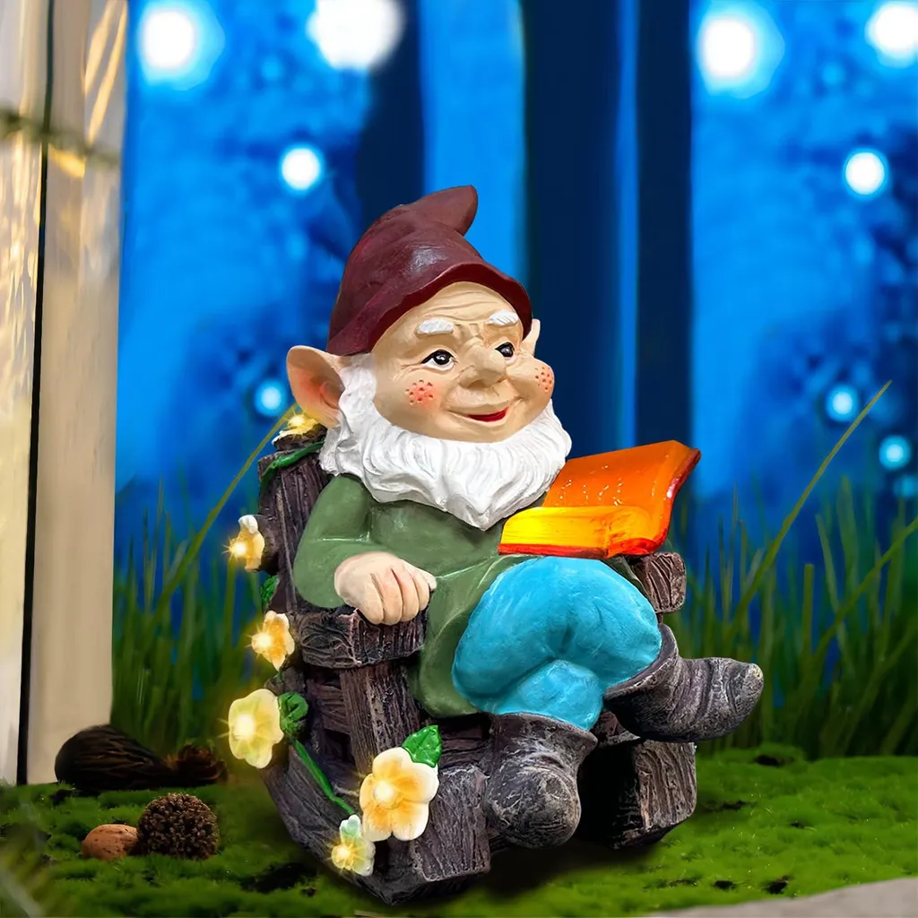 Nain de jardin solaire en résine avec succulentes et fauteuil à bascule