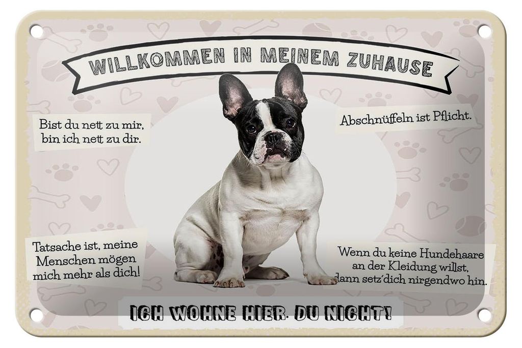 Blechschild Spruch 18x12cm Frech Bulldog willkommen Zuhause Schild