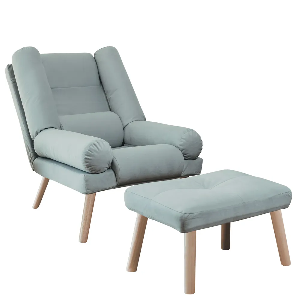 Fauteuil relax pliable en tissu bleu LILA avec pouf repose-pieds