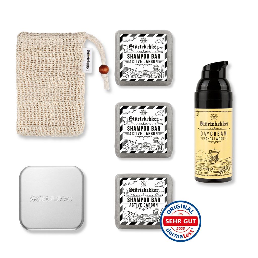 Störtebekker Dusch Routine Set - 3 x festes Shampoo (Active Carbon), Sisalsäckchen, Seifendose & Tagescreme - für die tägliche Pflege