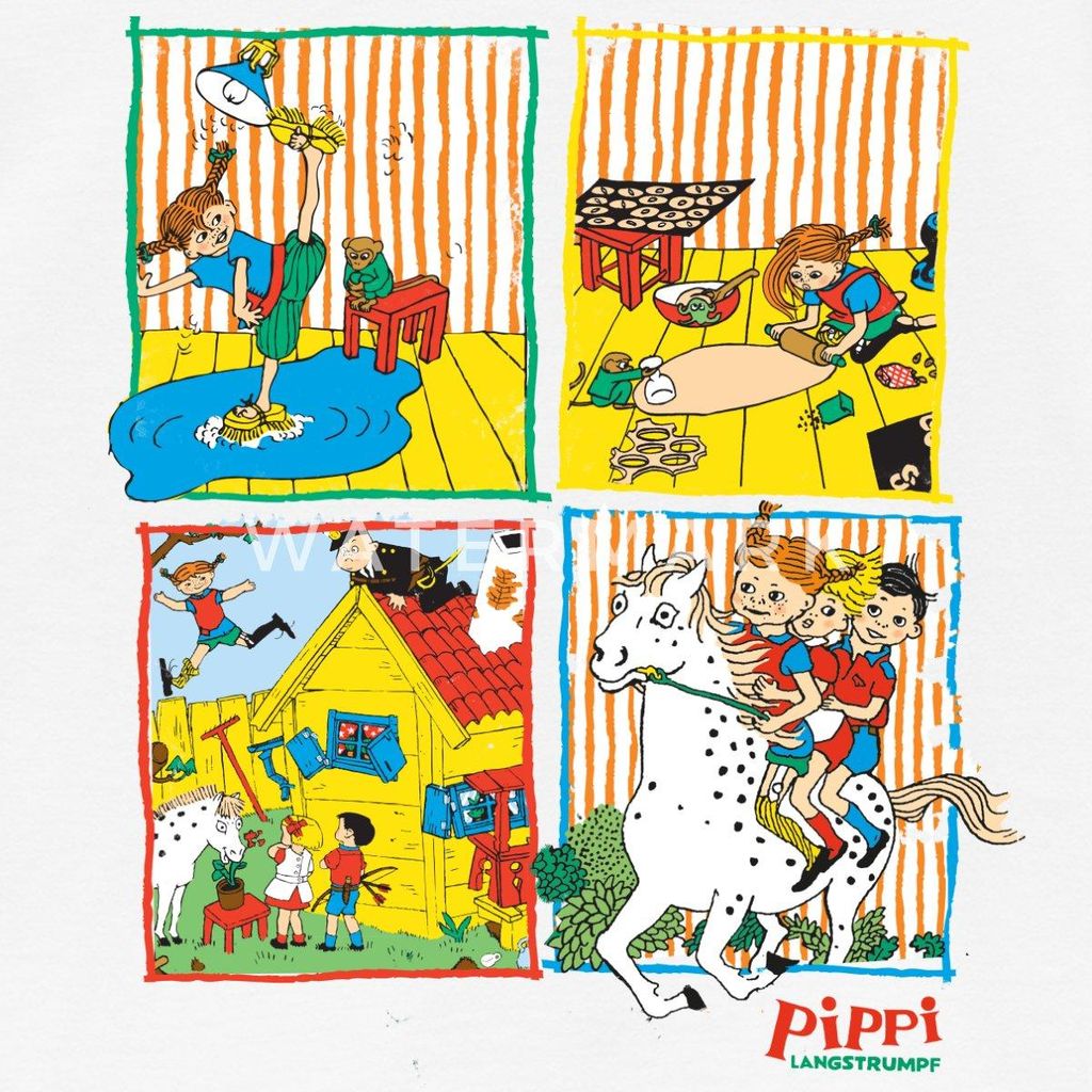 Spreadshirt Pippi Langstrumpf Und Ihre Freunde Kacheln Kinder T-Shirt, 98/104 (3-4 Jahre), Weiß