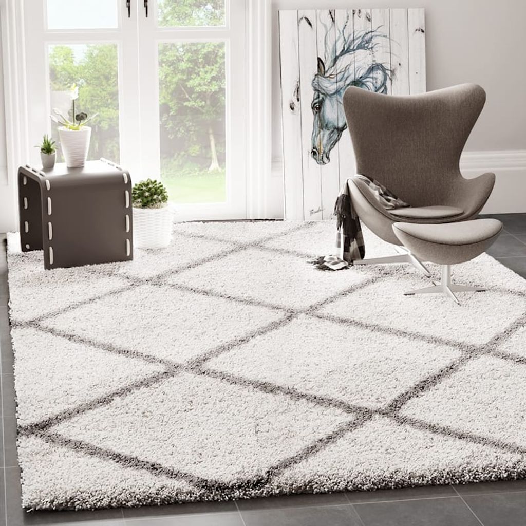 Teppich Flachflor Modern Meliert mit Streifen-Muster Grau Creme für Wohnzimmer 