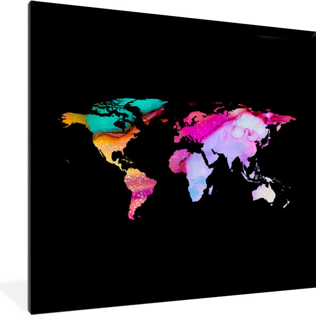 MuchoWow MuchoWow Gerahmtes Poster Weltkarte - Farben - Farbe 40x40 cm - Poster mit zchwarzem Bilderrahmen - Mit Rahmen - Wanddekoration Schlaf...