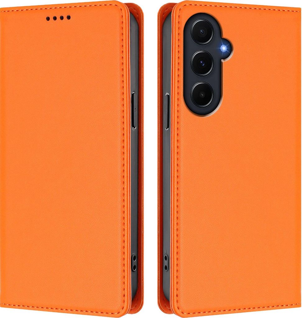Handyhülle für Samsung Galaxy A55, Kunstleder Klapphülle Stoßfeste Magnetische Hülle mit Ständer Orange
