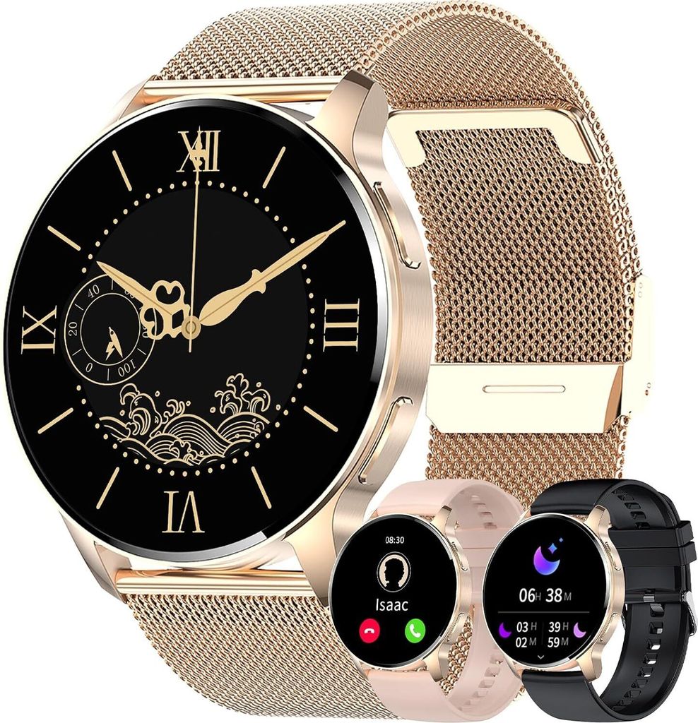 Fur Damen Herren, Mit Telefonfunktion HD Touchscreen Fitness rund wasserdicht Schrittzähler Pulsmesser Schlaftracker Menstruationszyklus Geschenk