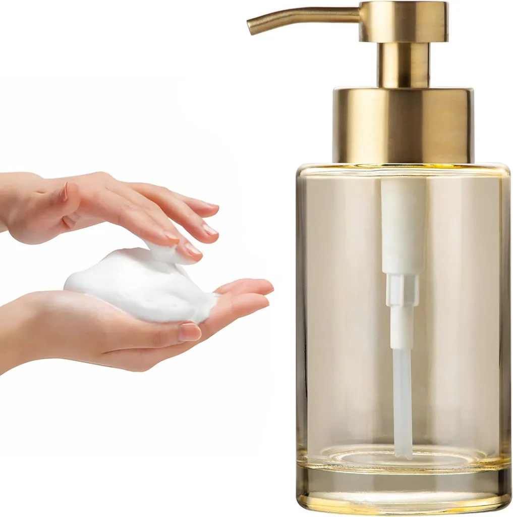 Distributeur savon mousse 355 ml avec pompe inox et verre doré renforcé