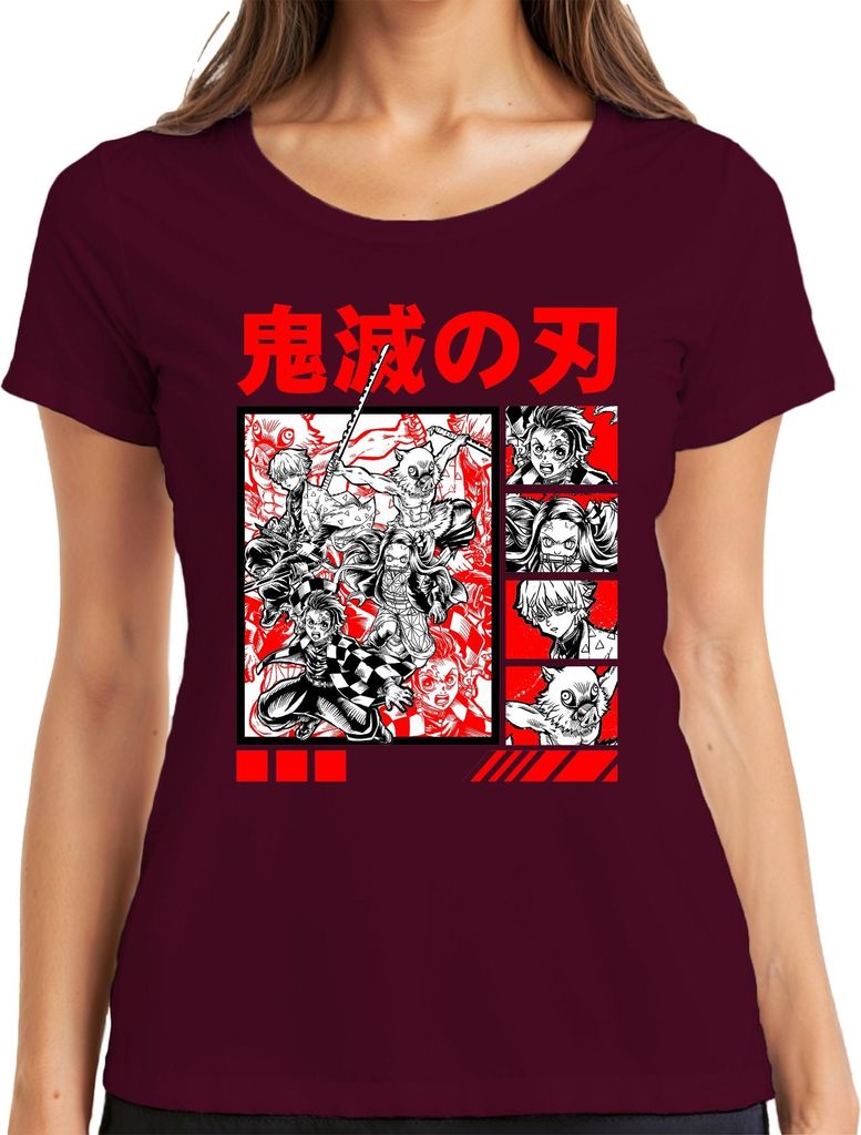 鬼滅の刃 Dämonenjäger Anime Manga Tanjiro Nezuko Inosuke Zenitsu Rot Damen T-Shirt, Burgundy, XL