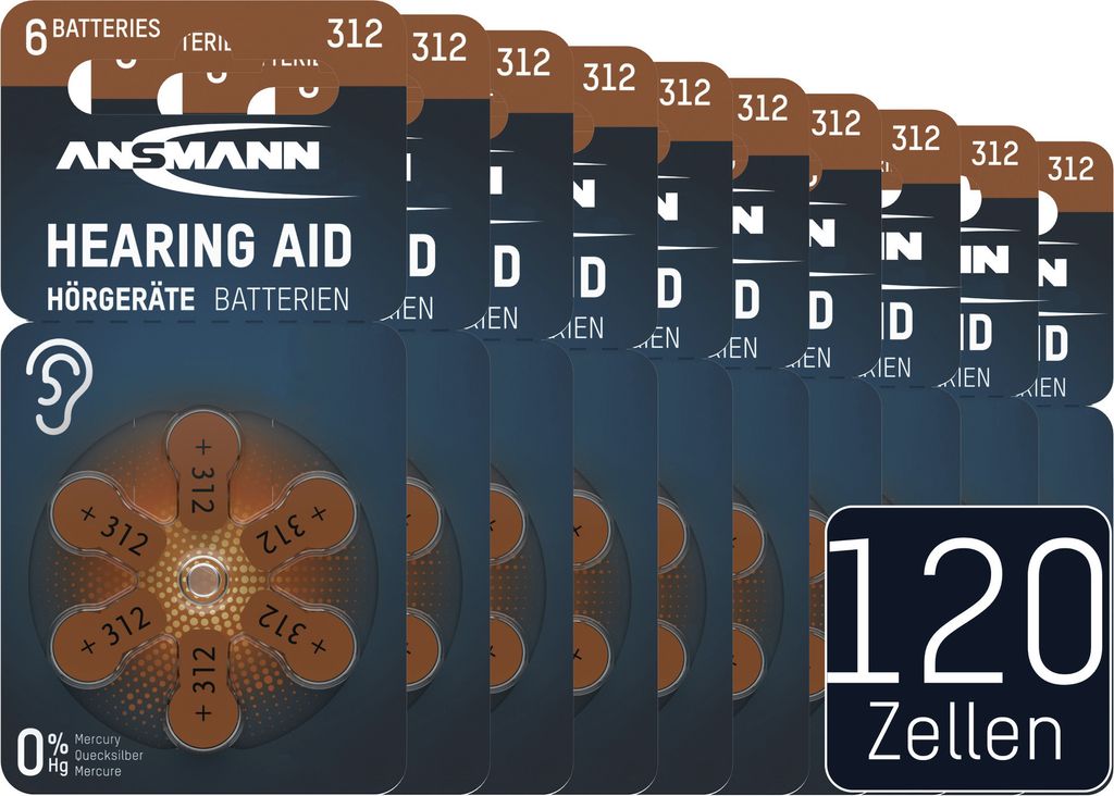 ANSMANN Hörgerätebatterien Typ 312 braun, 120 Stück, Zink Luft 1,4V