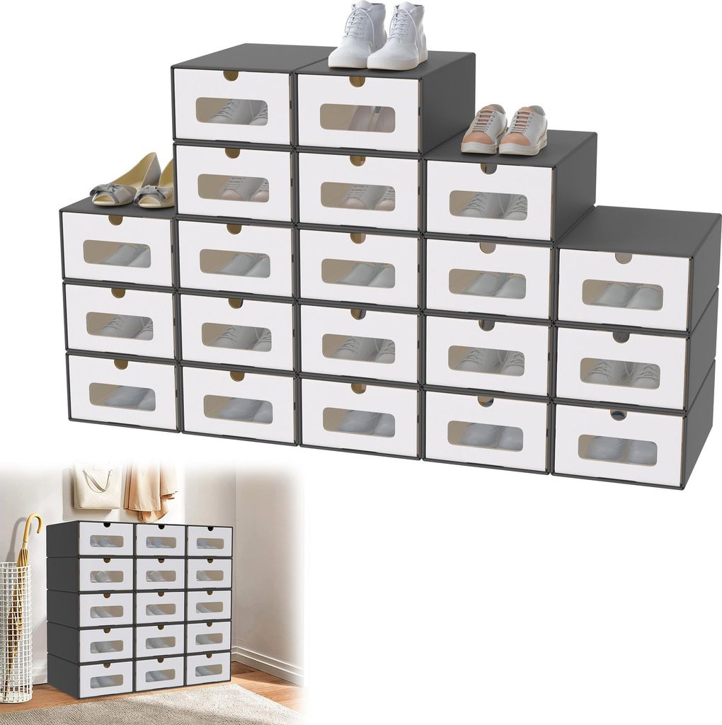 UISEBRT 20er Schuhaufbewahrung mit Sichtfenster, anthrazitfarbene Kraftpapier Schuhboxen, praktische Schuhkartons für Sneakers, stapelbare Aufbewa...