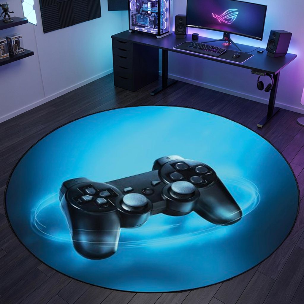 Gaming Teppich mit Joystick und blauem Neon-Strahl Größe - 160 cm Rund