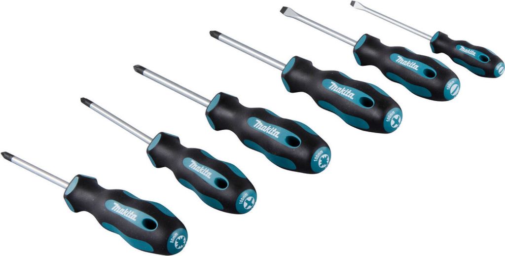 A set of six screwdrivers arranged diagonally on a white background.