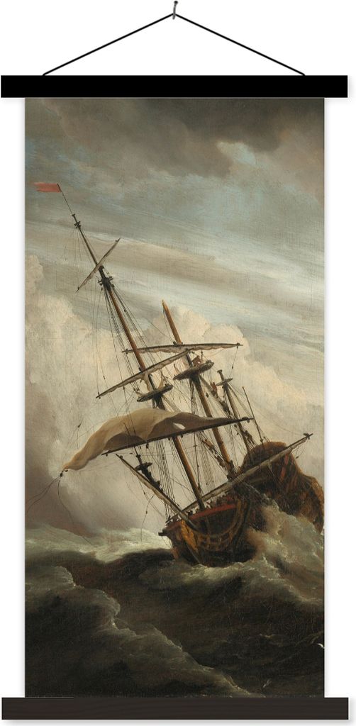 MuchoWow Textilposter Ein Schiff auf offener See während eines Sturms - Gemälde von Willem van de Velde 40x80 cm mit schwarzem Rahmen - Wandema...