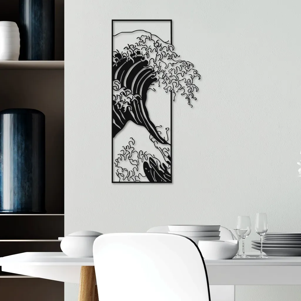Tableau en Métal Noir Waves 3 Décoration Murale Salon et Chambre 62cm