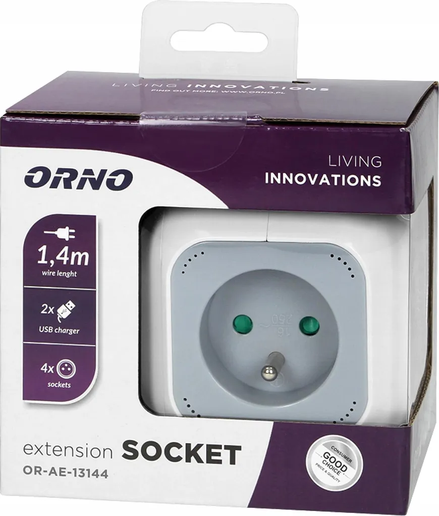 Cubo Multipresa Design ORNO OR-AE-13144 con USB 2.1A e Cavo 1.4m - 2
