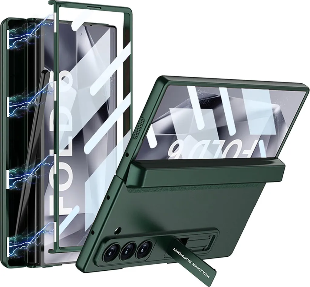 Custodia per Samsung Galaxy Z Fold 6, con portapenne, protezione della cerniera, custodia sottile con supporto e protezione dello schermo verde