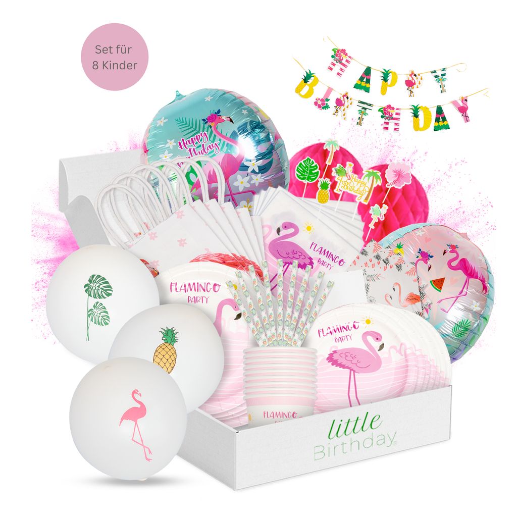 LITTLE BIRTHDAY Flamingo Mottobox Kindergeburtstag Deko 8 Kinder, Party Set, Partygeschirr, Becher, Teller, Luftballons, Cake Topper, Banner, Tütchen
