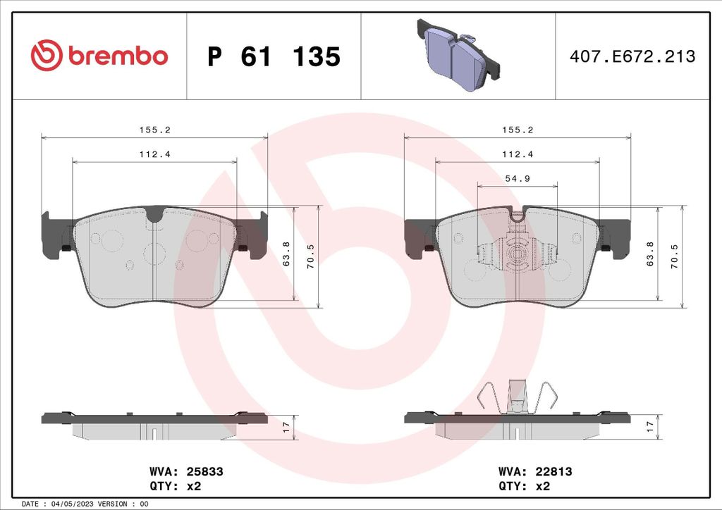 BREMBO P 61 135X - OE 1623162380 Bremsbeläge für 3008 (M), 5008 II, 508 (F), Berlingo, C4 (3A, 3E), C4 Spacetourer (3D), C5 Aircross (A), Combo (...