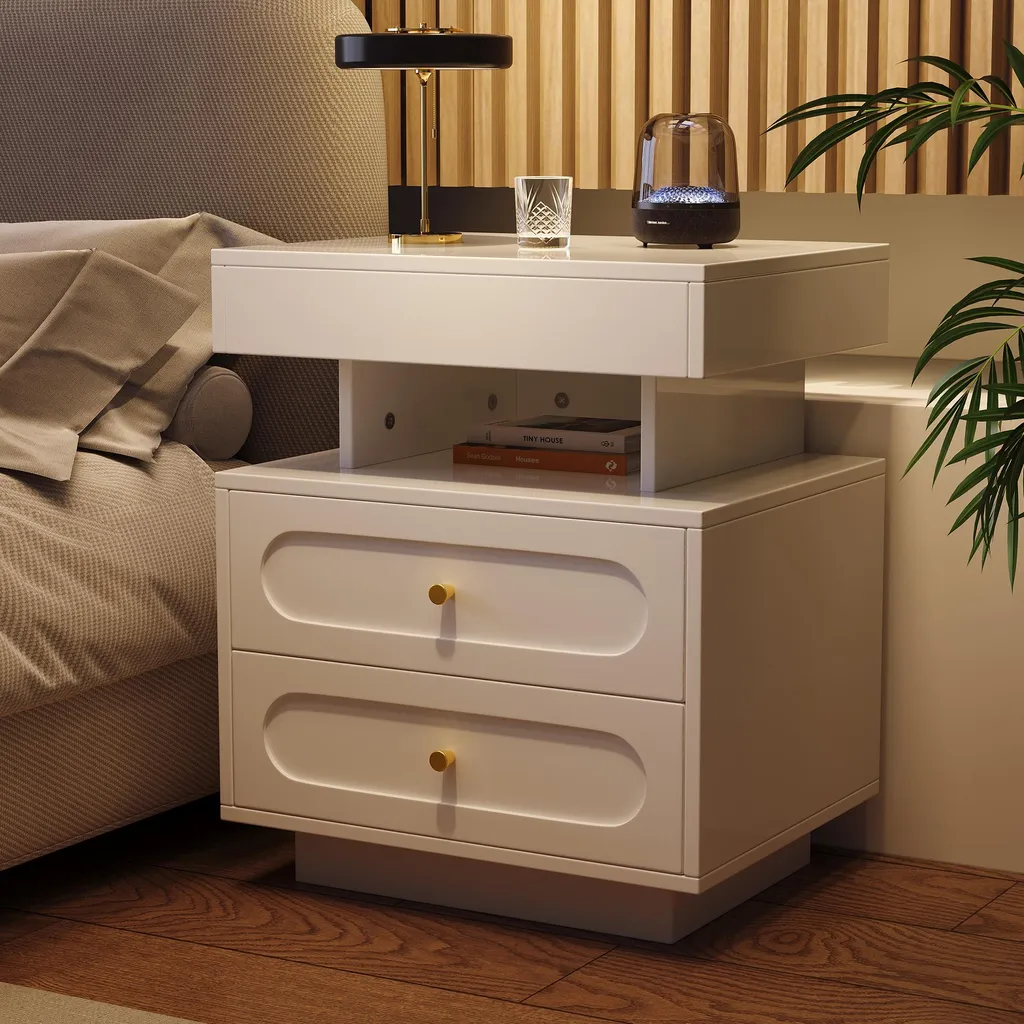 Table de Nuit Blanche à LED avec 2 Tiroirs - Meuble de Chambre Adulte Chic