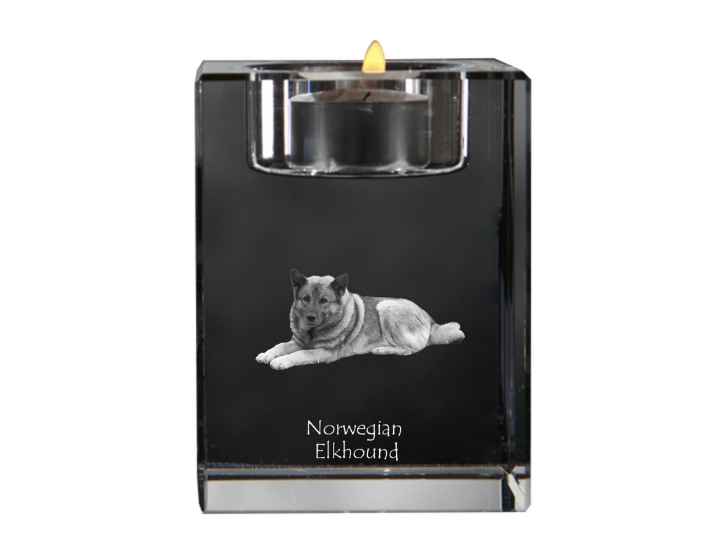 Norwegischer Elchhund, Grahund, Norwegian Elkhound - Kerzenhalter mit Hundefoto, Teelichthalter aus Kristall, personalisiertes Geschenk der Marke A...
