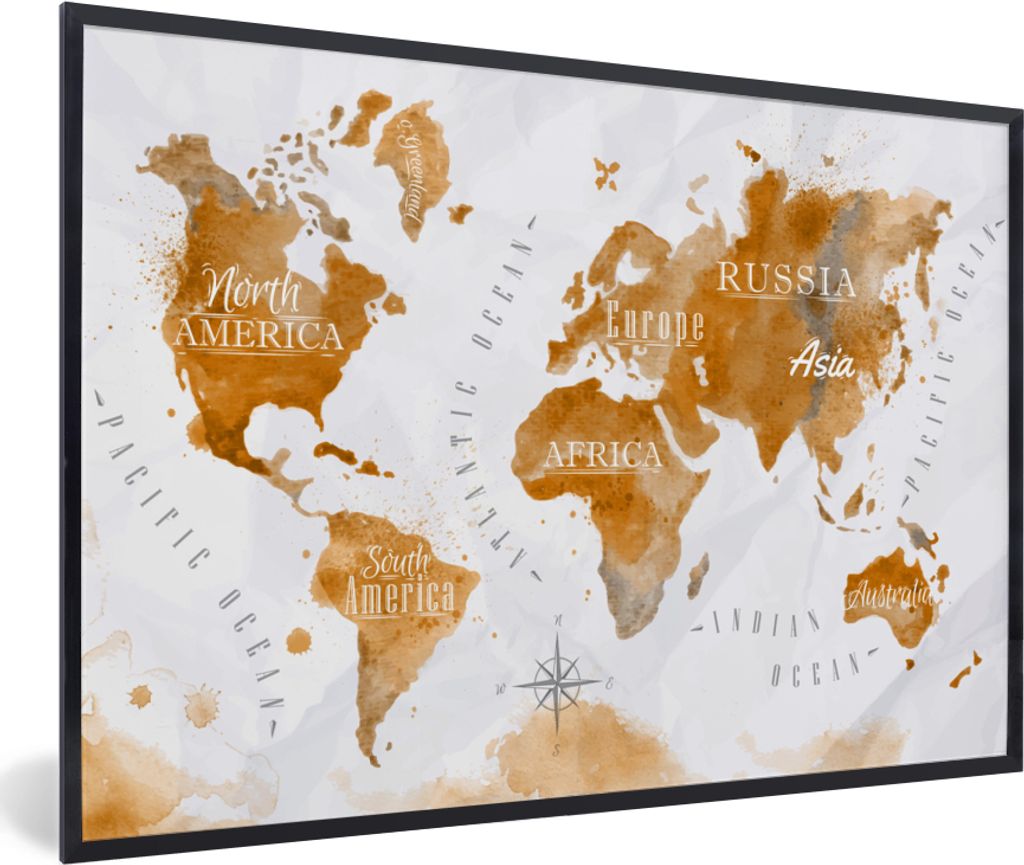 MuchoWow MuchoWow Gerahmtes Poster Karte - Gold - Welt 30x20 cm - Poster mit zchwarzem Bilderrahmen - Kunstdruck - Bild-Poster