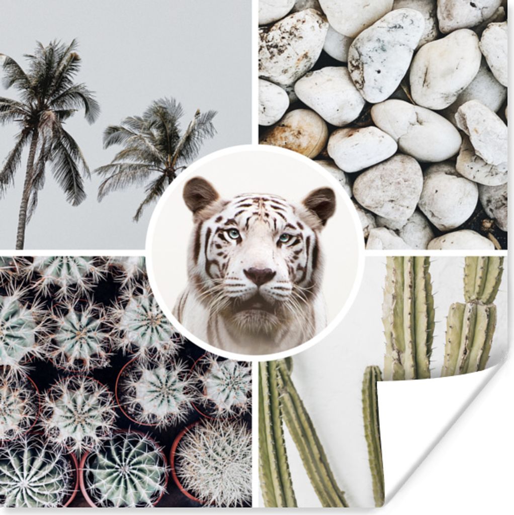MuchoWow Poster Tiger - Collage - Steine - Weiß 75x75 cm - Wand Dekoration