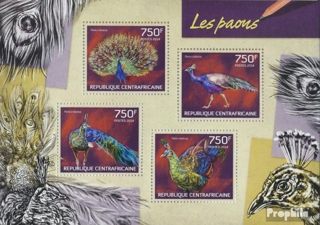 Briefmarken Zentralafrikanische Republik 2014 Mi 4640-4643 Kleinbogen (kompl. Ausgabe) postfrisch Pfauen