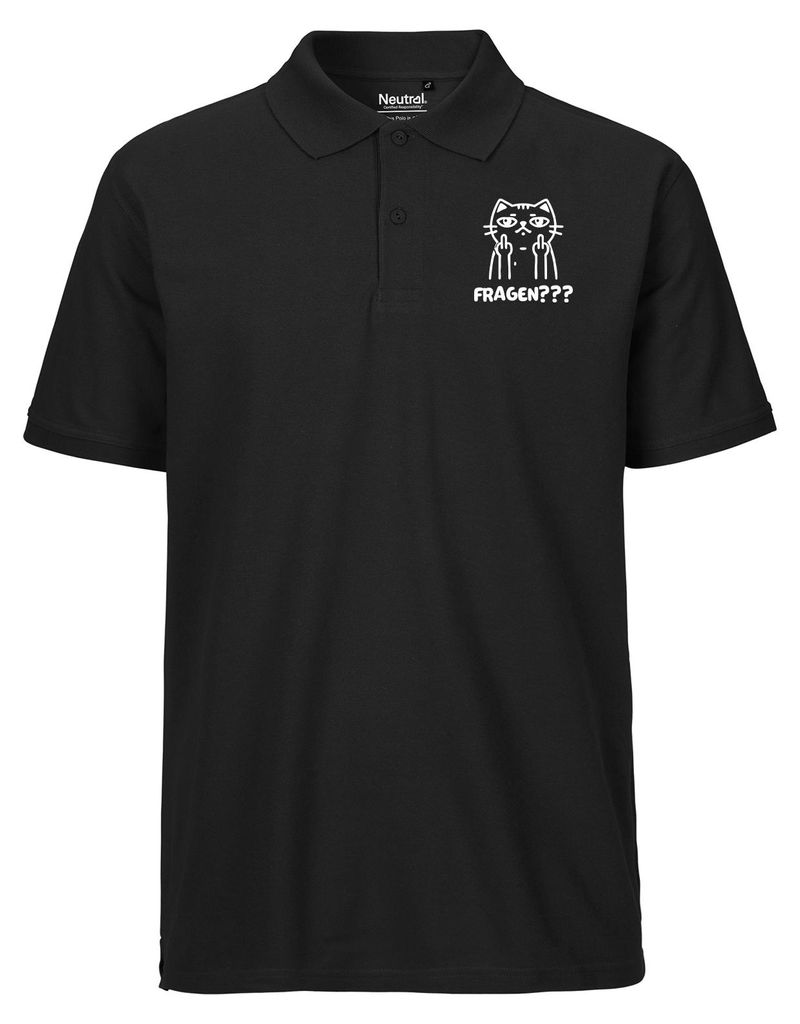 Huuraa Herren Polo Shirt Fragen? grimmige Katze L Black Bio Baumwolle Fairtrade Poloshirt Geschenkidee