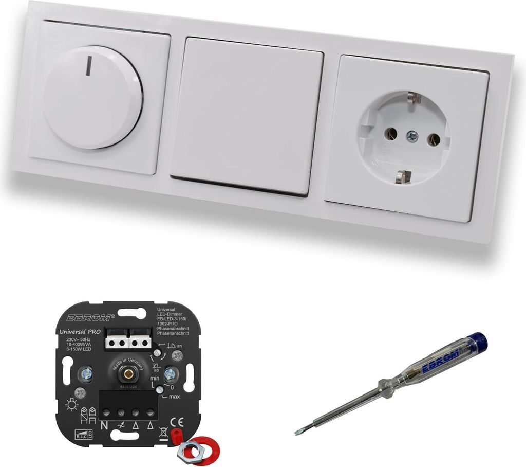 EBROM 1002 Universal PRO LED Drehdimmer Dimmer + Busch Jäger Dimmerscheibe 6540-84-102 + Lichtschalter 2000/6US + Steckdose 20EUC-84 Future Linear...