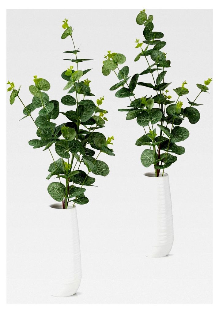 2er Set künstlicher Eukalyptus in weißen Keramikvasen (45cm): Realistische Dekozweige und Kunstblumen im Topf