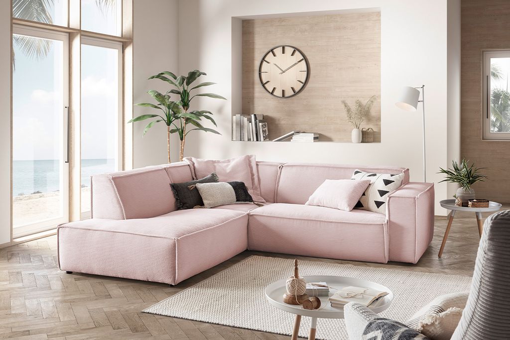 KAWOLA Sofa SAMU Ecksofa Cord rosa Recamiere links