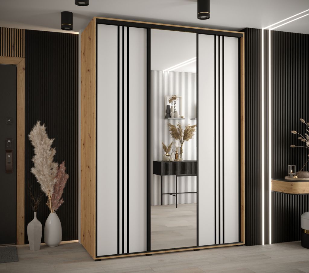 Kleiderschrank YVONA 7 - 170/60 cm, Eiche handwerklich / weiß / schwarz