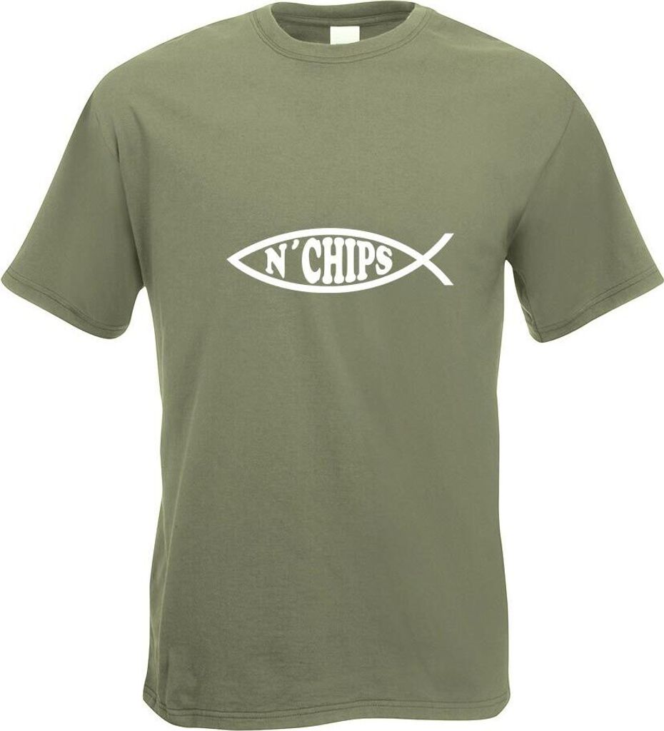 Kiwistar - T-Shirt - Olive - Fish N Chips Fisch Motiv Bedruckt Funshirt Design Print - mit Motiv Bedruckt - Funshirt Design - Sport - Freizeit - He...