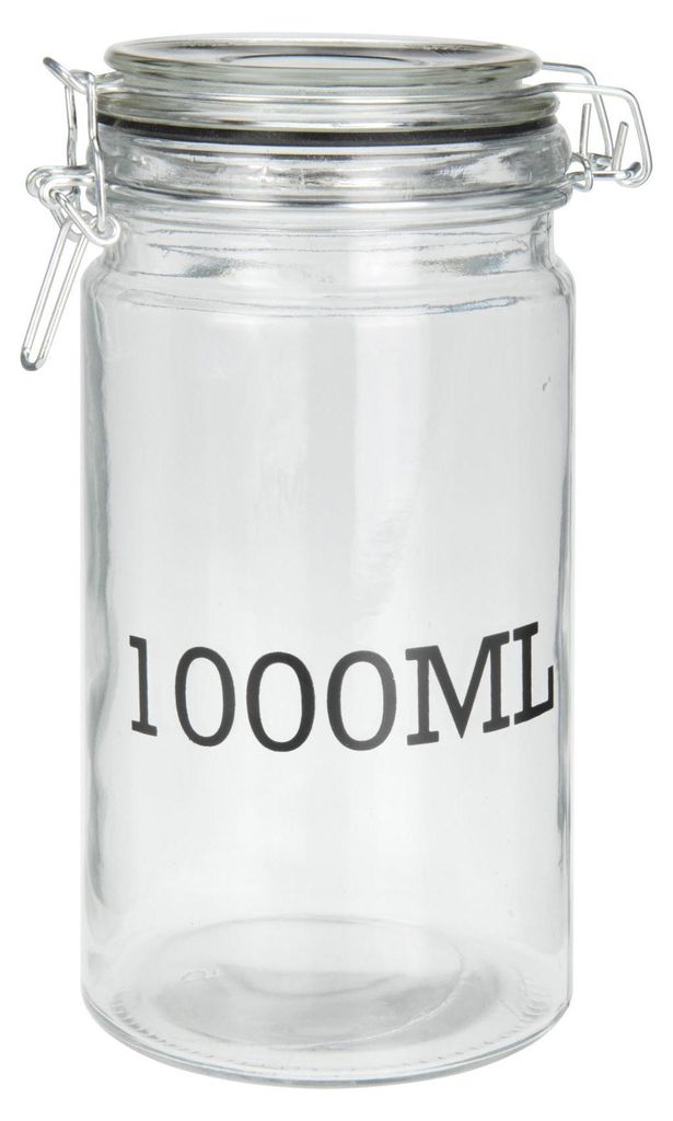 Glasbehälter mit Deckel und Fassungsvermögenangabe