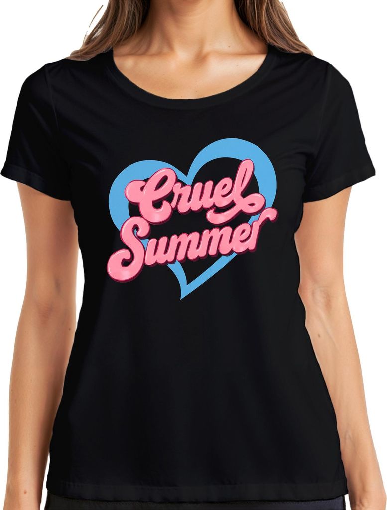 Cruel Summer Sommer Herz Retro Pink Mädchen 80er Pop Festival Damen T-Shirt, Schwarz, L