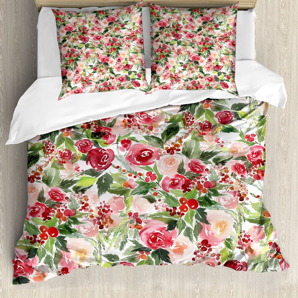 ABAKUHAUS Blumen Bettbezug Set für Einzelbetten, Roses Beeren Blumenstrauß Kunst, Milbensicher Allergiker geeignet mit Kissenbezug, 200 cm x 200 ...