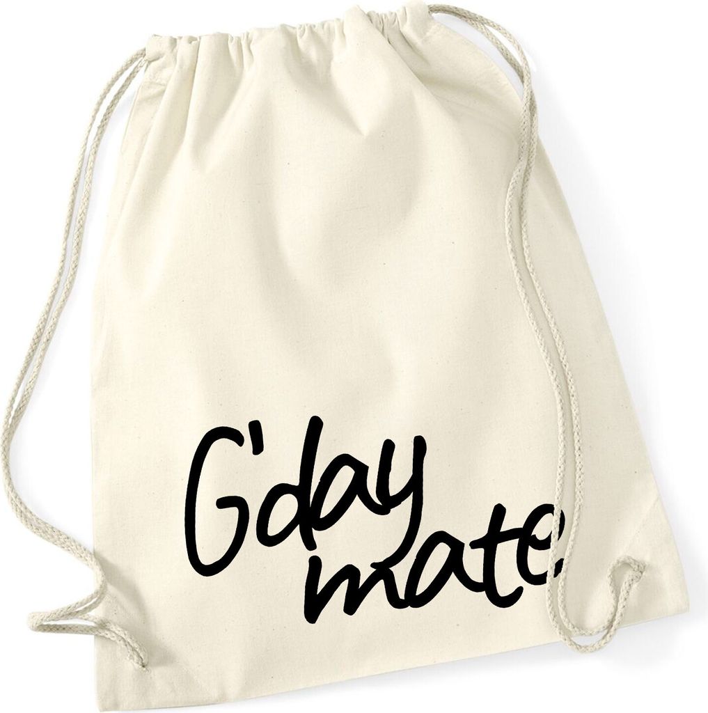 Huuraa Turnbeutel G`day mate Spruch 12 Liter Natural Baumwolle Rucksack Geschenkidee
