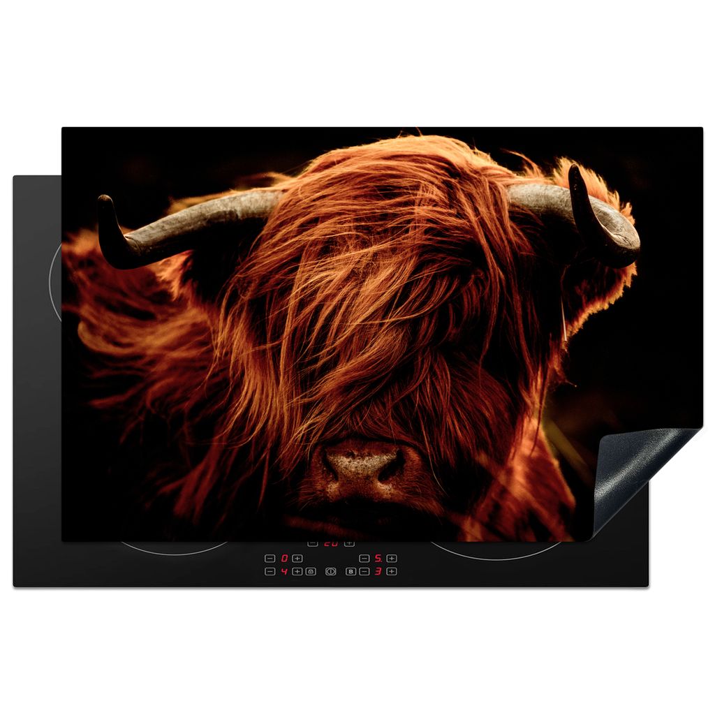 KitchenYeah Herdabdeckplatte Schottischer Highlander - Kuh - Hörner - Porträt - Tiere , 80x52cm, Küche Deko, Glaskeramikkochfeld Herdabdeckung...
