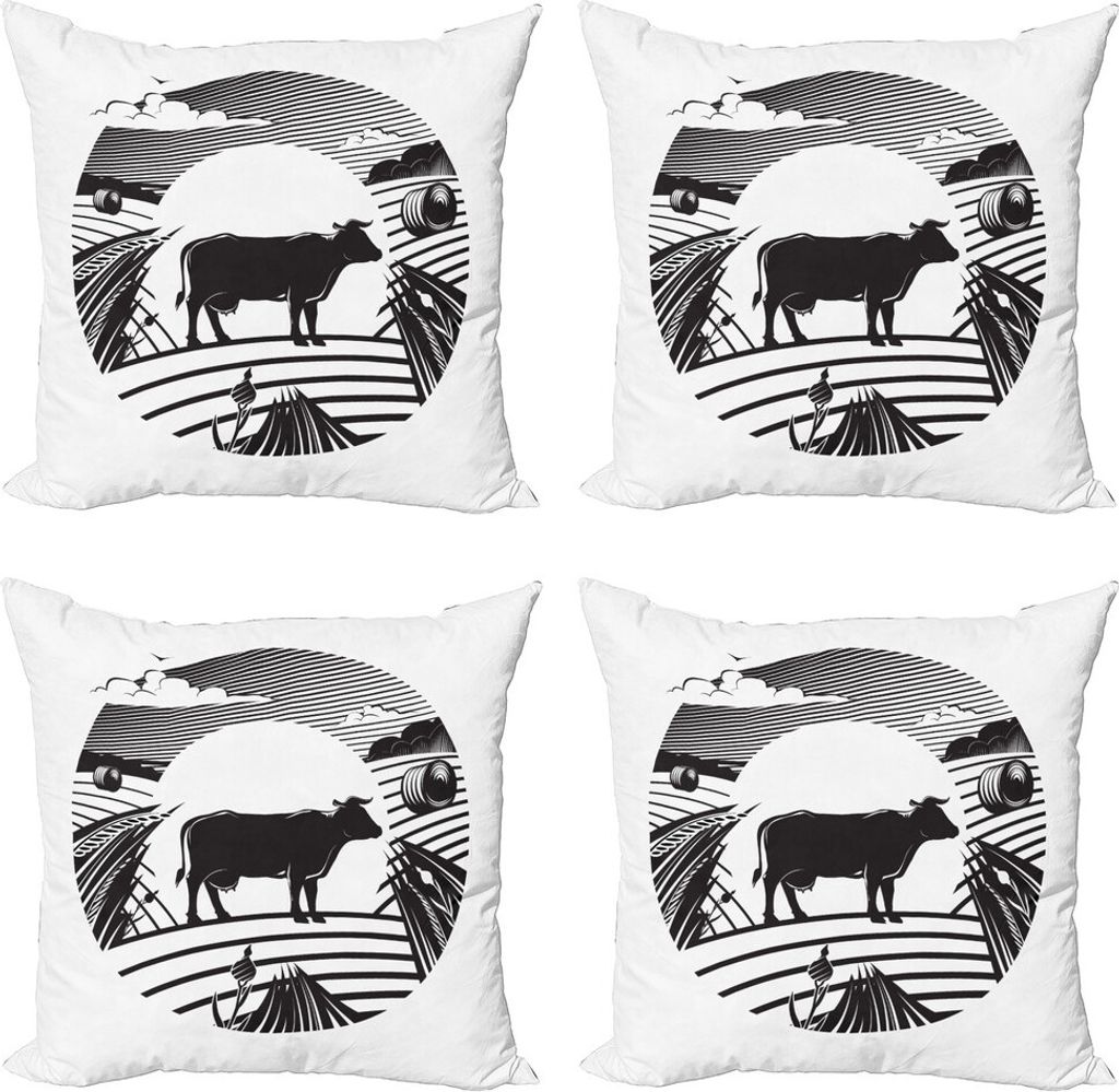 ABAKUHAUS Das Vieh Kissenbezug Set (4 Stück), Ländliche Landschaft Feld, Moderner Doppelseitiger Digitaldruck, 40 cm x 40 cm, Schwarz und weiß