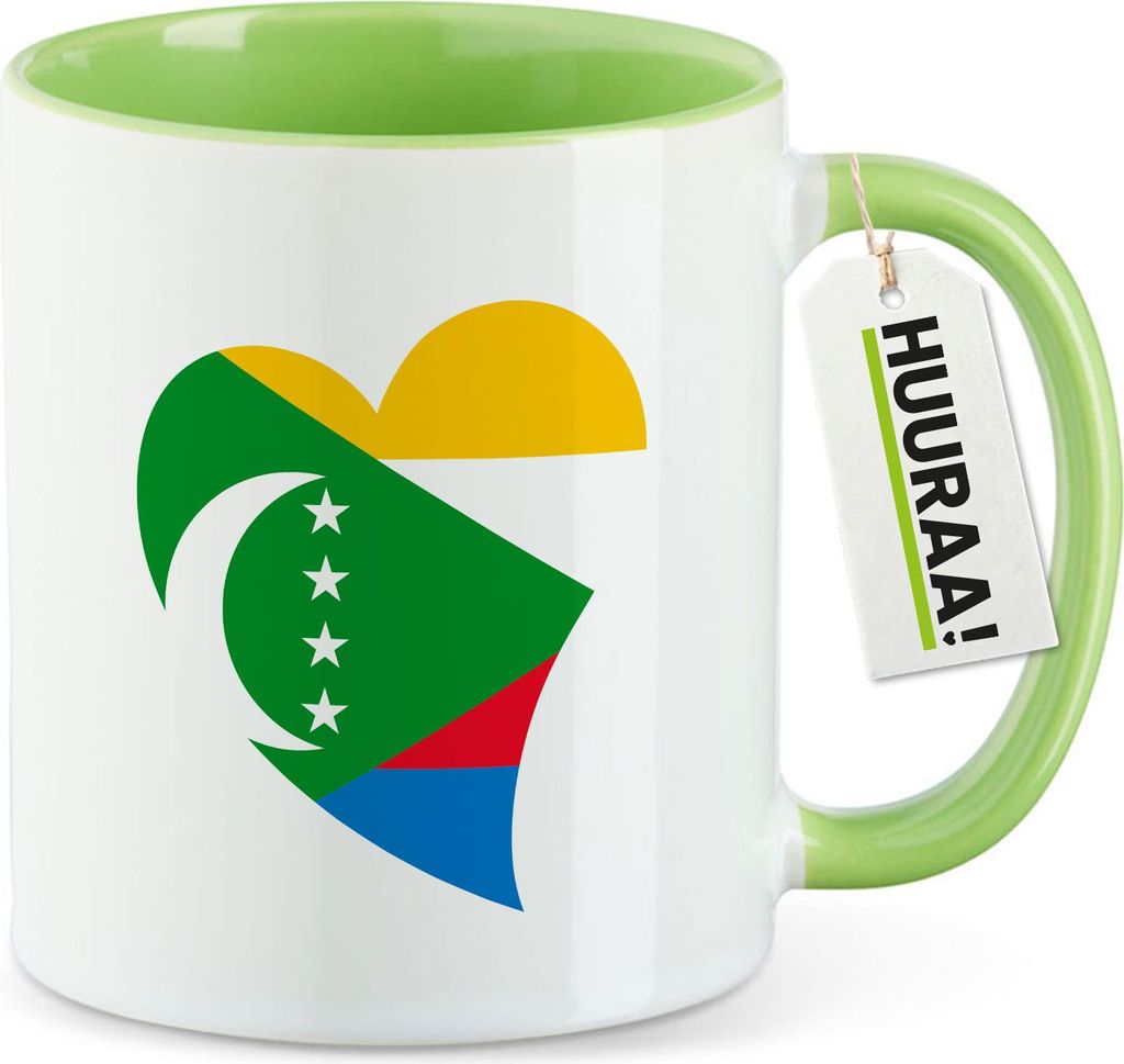 Huuraa Kaffeetasse Komoren Flagge Herz 330ml Grün Keramik Kaffeebecher Geschenkidee