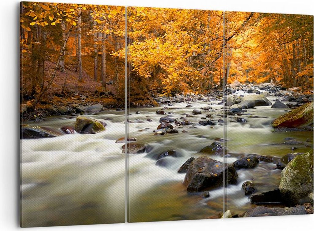 Bild auf Leinwand - Leinwandbild - Stream Herbst Forrest Berg - 105x70cm - Wand Bild - Wanddeko - Leinwanddruck - Bilder - Kunstdruck - Wanddekorat...