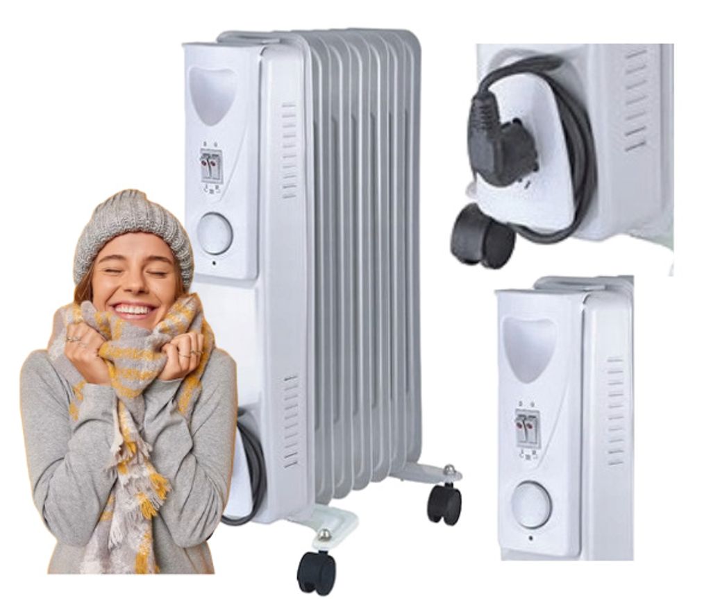 A woman is happily posing next to an electric oil heater, with close-up shots of the heater's cord storage and control panel.