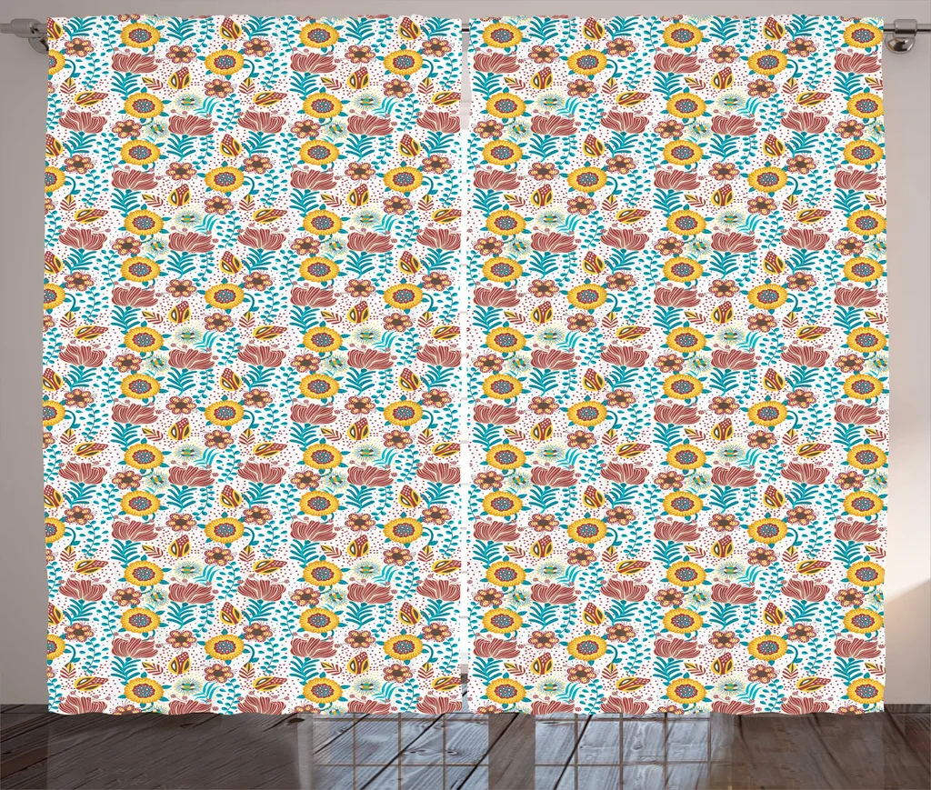 Rideaux à fronces motif floral rustique 280x225 - Jaune & Bleu Clair