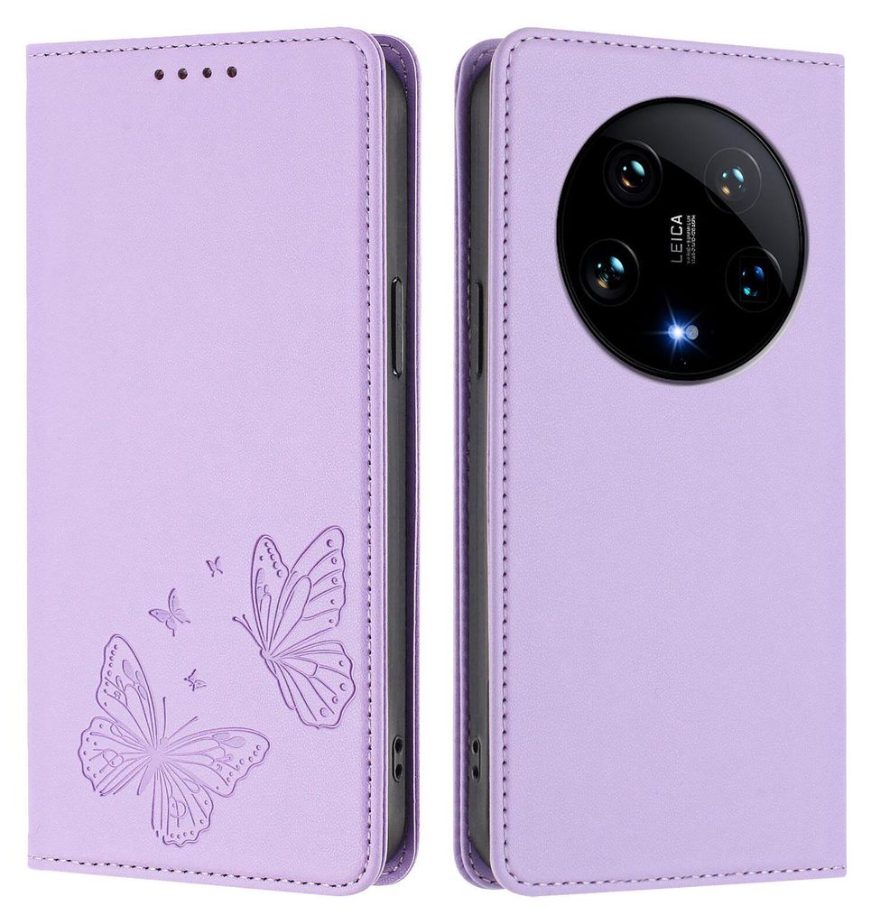Lederhülle für Xiaomi 14 Ultra, Schmetterling Prägung Leder Brieftasche Schutzhülle mit Ständer Violett