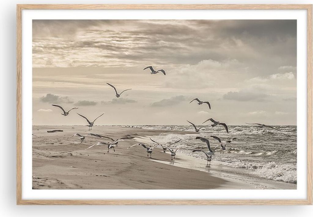 Gerahmtes Poster - Rahmen in heller Eiche - Möwen Küste Boho - 91,5x61 cm - Wand Bild - Wanddeko - Wandbilder - Kunstposter - Wandposter - Bilder...