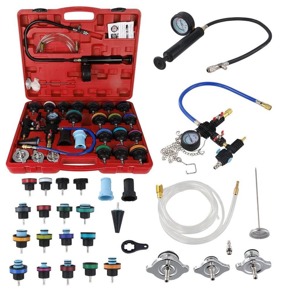 KFZ Kühlsystem Werkzeug - Kühler-Drucktester & Unterdruck-Befüller - Leckdetektor - Airlift Befüllung - Für Auto & LKW - Gelb