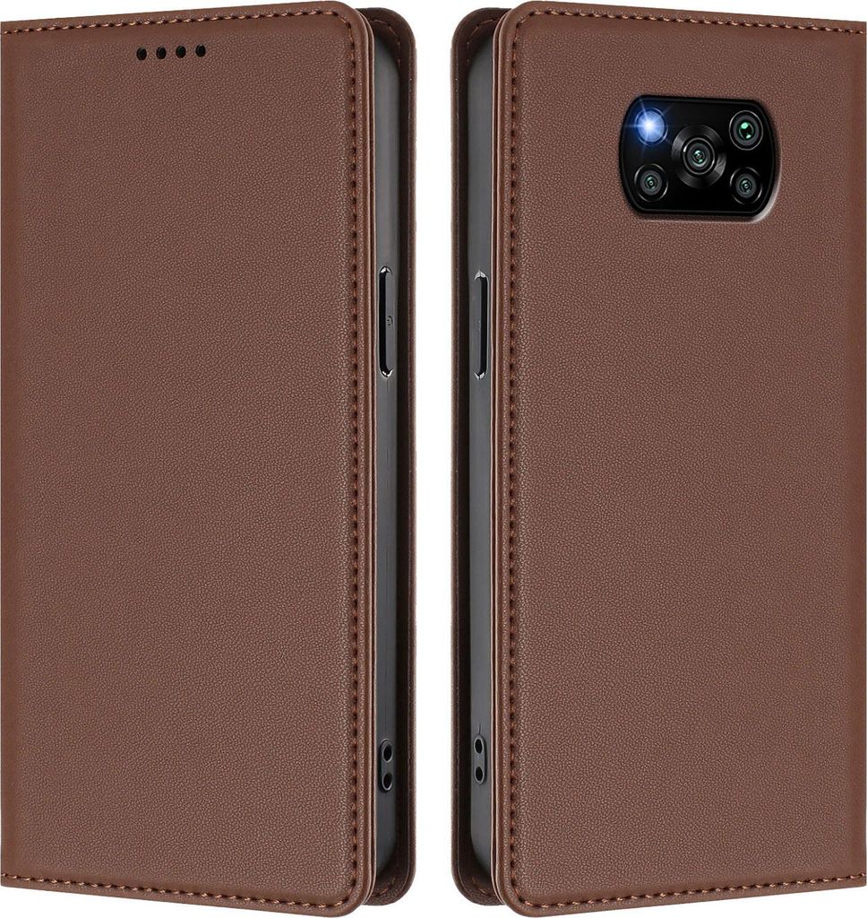 Handyhülle für Xiaomi Poco X3/Poco X3 NFC/Poco X3 Pro, Kunstleder Klapphülle Stoßfeste Magnetische Hülle mit Ständer Braun